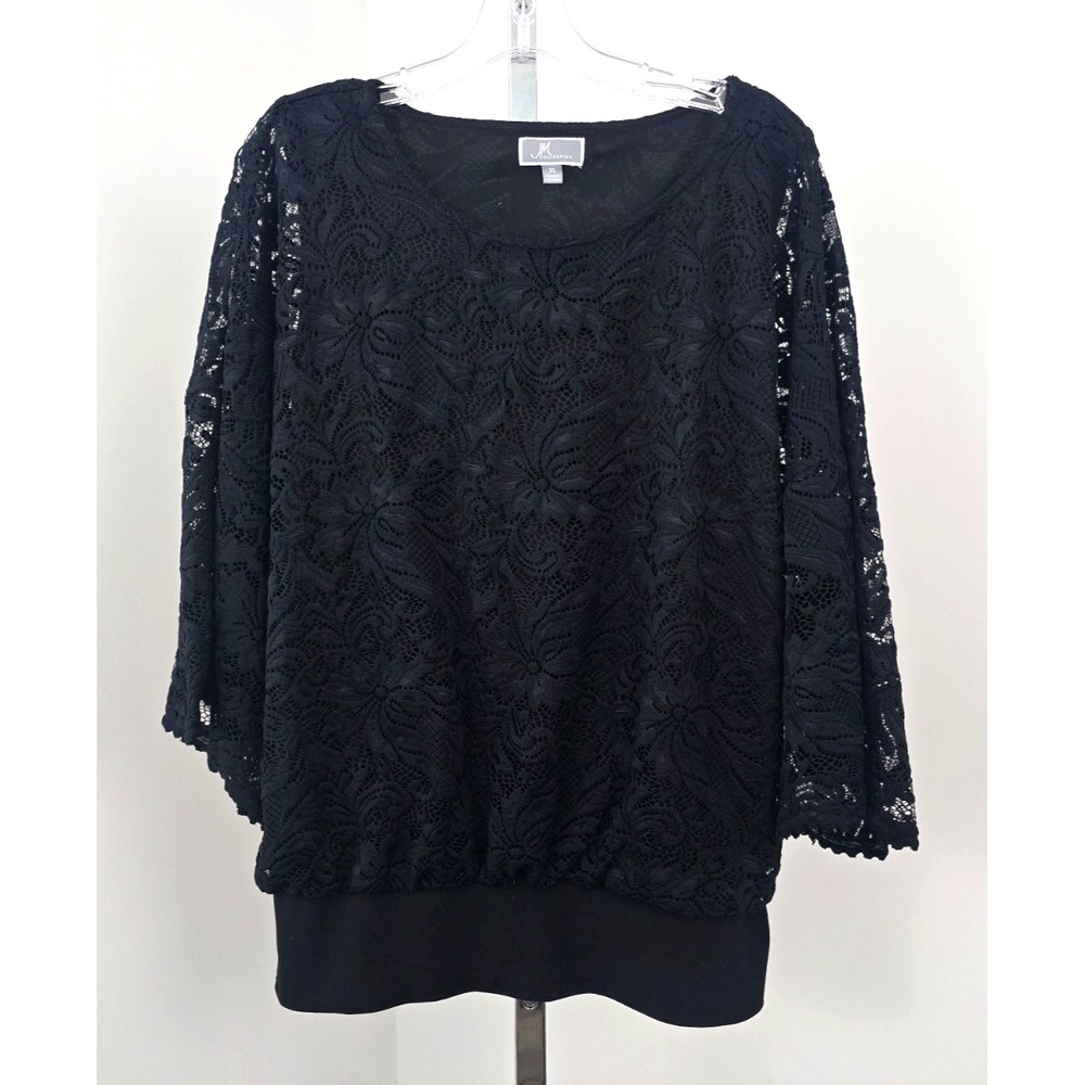 JM Collection Boat‎ Neck Dolman Sleeve Laced Top with Lining Black XL